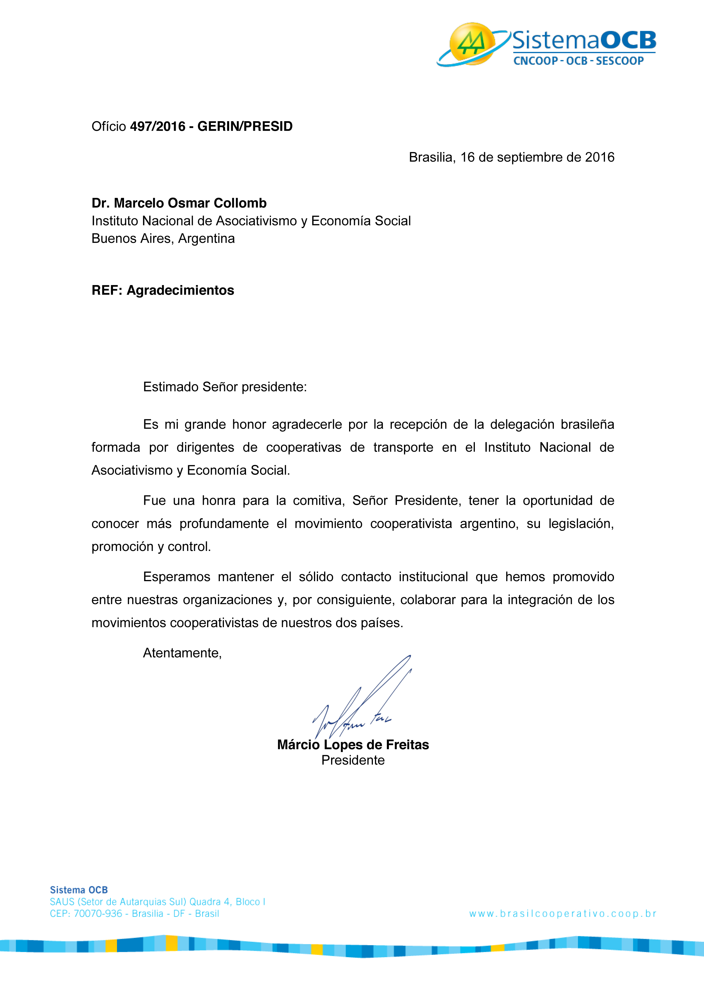 Carta de la Organizacion de Cooperativas Brasileñas al INAES 
